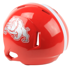 Red football helmet cover with silver bulldog